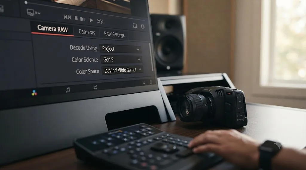 Illustration of a DaVinci Resolve Camera RAW project settings panel configured for Blackmagic Cinema Camera 6K footage with Gen 5 color science