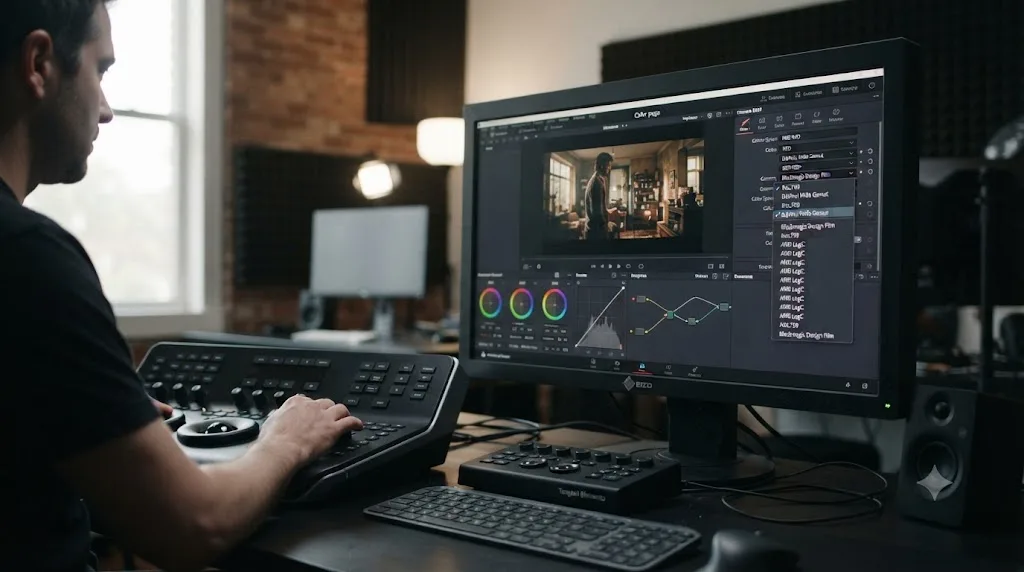 Illustration of a DaVinci Resolve Camera RAW panel comparing DaVinci Wide Gamut and Blackmagic Design Film color space options