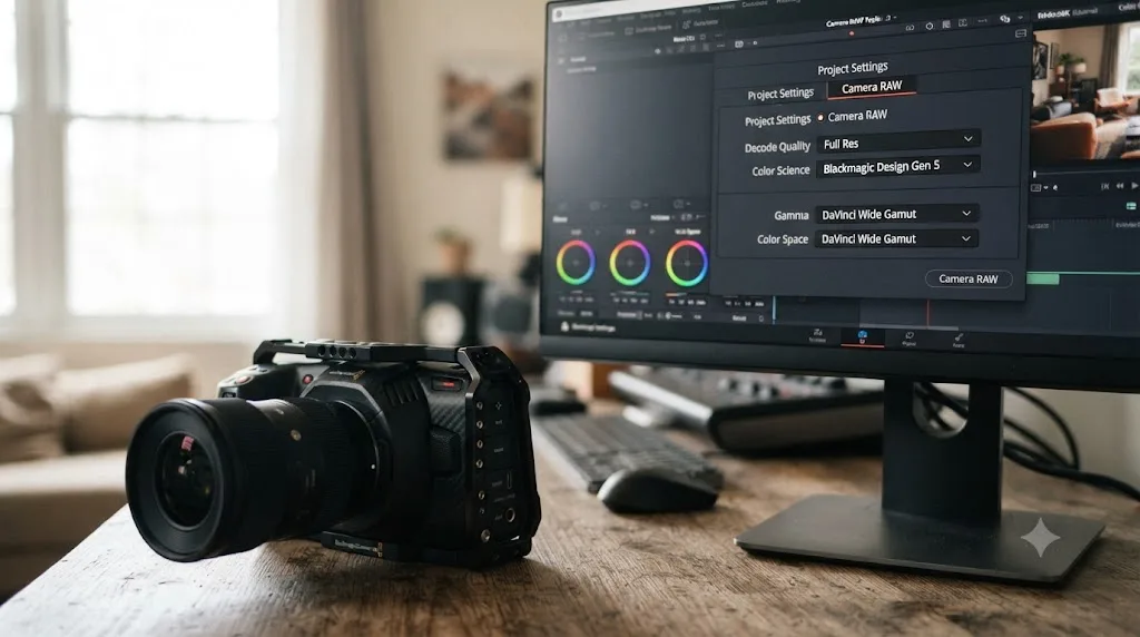 Illustration of a Blackmagic Cinema Camera 6K next to a DaVinci Resolve Camera RAW panel set to Gen 5 color science and DaVinci Wide Gamut