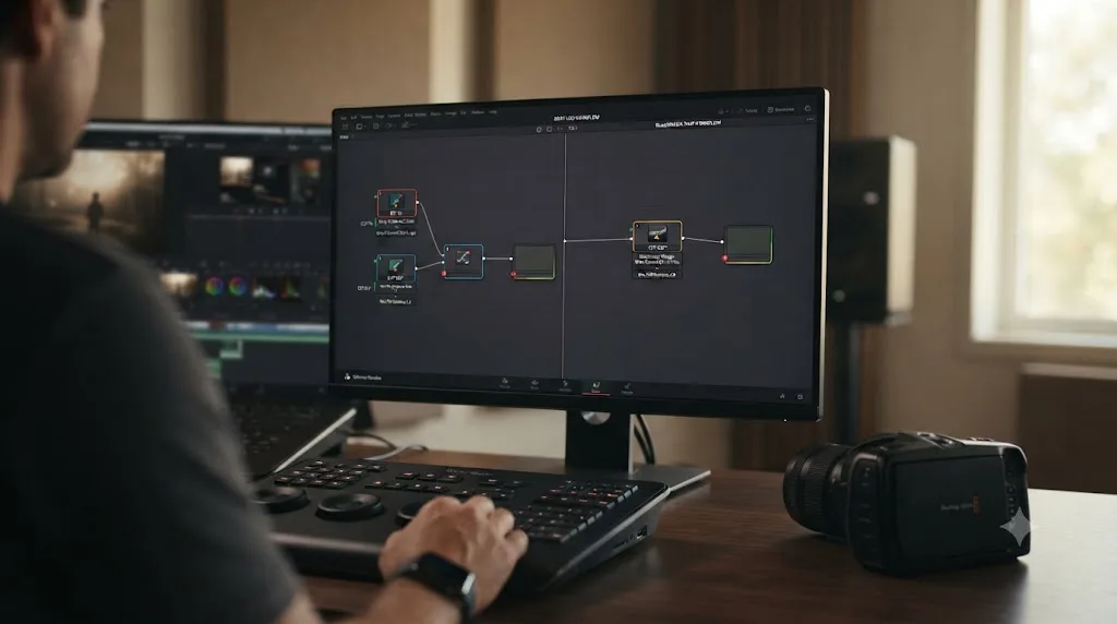 Illustration comparing a two-node Color Space Transform setup for Sony log footage against a single output Color Space Transform node for Blackmagic RAW footage