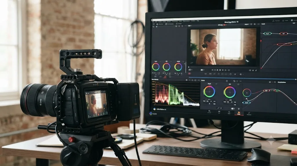 Illustration of a Blackmagic Cinema Camera 6K sensor next to a DaVinci Resolve waveform monitor showing smooth highlight rolloff from Gen 5 color science