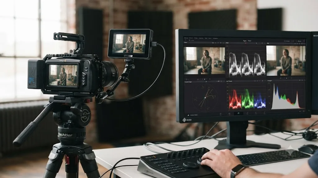 Illustration of a Blackmagic Cinema Camera 6K with a 1080p HDMI monitor on set, next to a DaVinci Resolve scopes-only second display setup