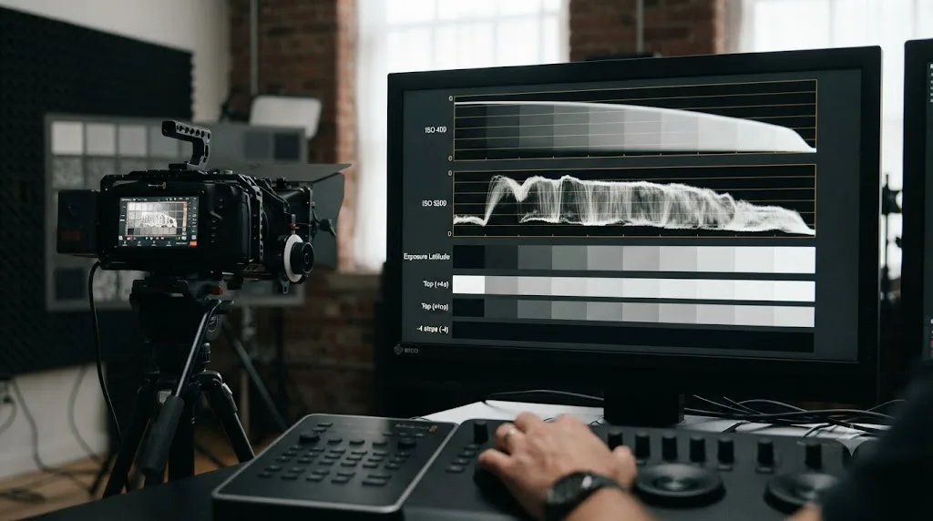 Illustration of a lab test chart showing the Blackmagic Cinema Camera 6K's measured dynamic range and exposure latitude at ISO 400 and ISO 3200