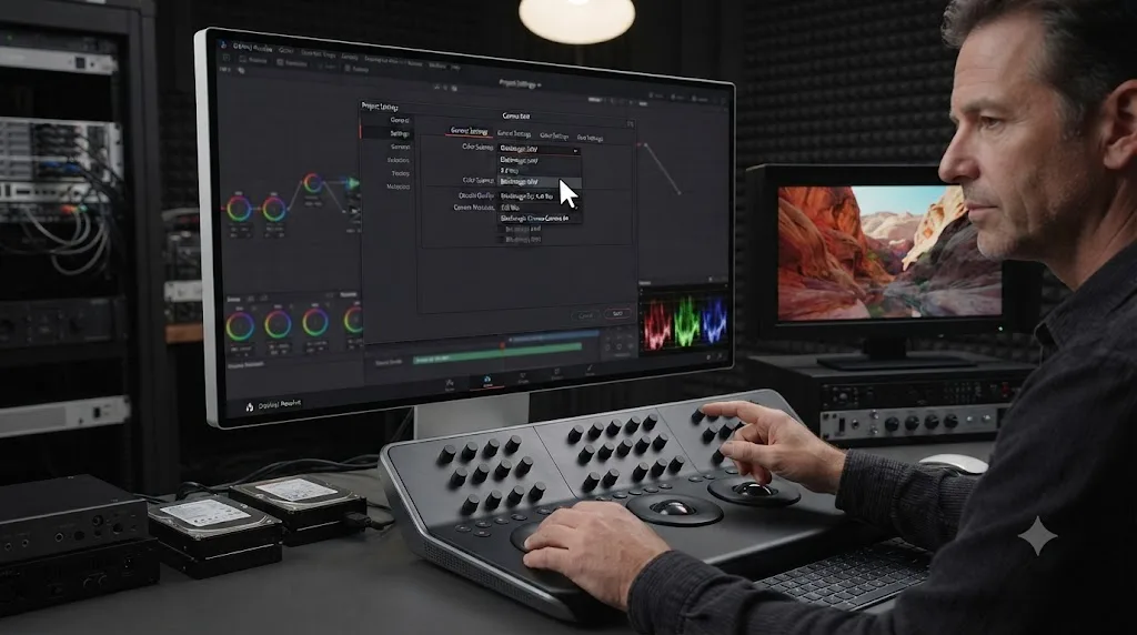 Illustration of an on-screen assistant highlighting the Camera RAW Color Science settings in DaVinci Resolve on a Mac