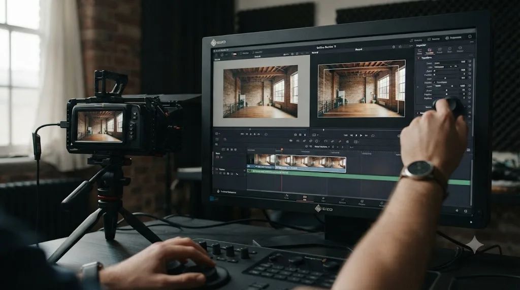 Illustration of a DaVinci Resolve timeline reframing a 6K open gate 3:2 Blackmagic Cinema Camera 6K clip into a 16:9 delivery frame