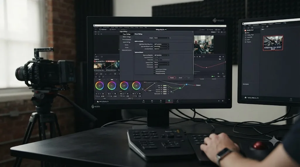 Illustration of a DaVinci Resolve Optimized Media settings panel next to a Blackmagic Cinema Camera 6K BRAW file icon