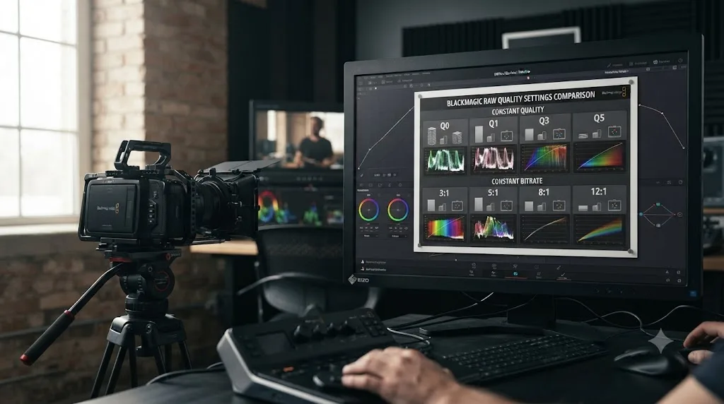Illustration of a Blackmagic RAW quality setting comparison chart showing constant quality and constant bitrate options with relative grading latitude
