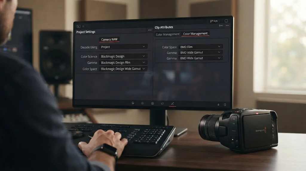 Illustration comparing DaVinci Resolve Camera RAW project settings against Resolve Color Management Clip Attributes for Blackmagic Cinema Camera 6K footage