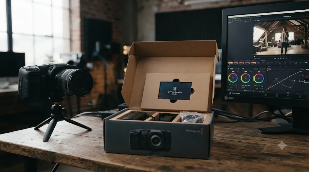 Illustration of a Blackmagic Cinema Camera 6K package showing an included DaVinci Resolve Studio activation key