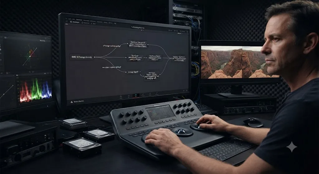 Illustration of a troubleshooting decision tree matching Blackmagic Cinema Camera 6K footage symptoms in DaVinci Resolve to their causes
