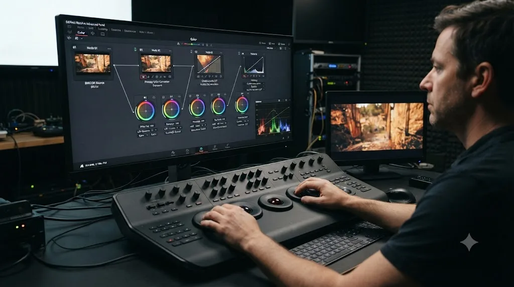 Illustration of a four-node DaVinci Resolve node graph taking Blackmagic Cinema Camera 6K BRAW footage from source to finished Rec.709 grade