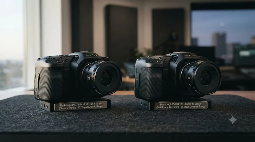 Illustration comparing the Blackmagic PYXIS 6K and PYXIS 12K cameras with their sensor and dynamic range specifications