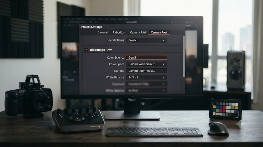 Illustration of a DaVinci Resolve Camera RAW project settings panel configured for Blackmagic PYXIS footage with Gen 5 color science
