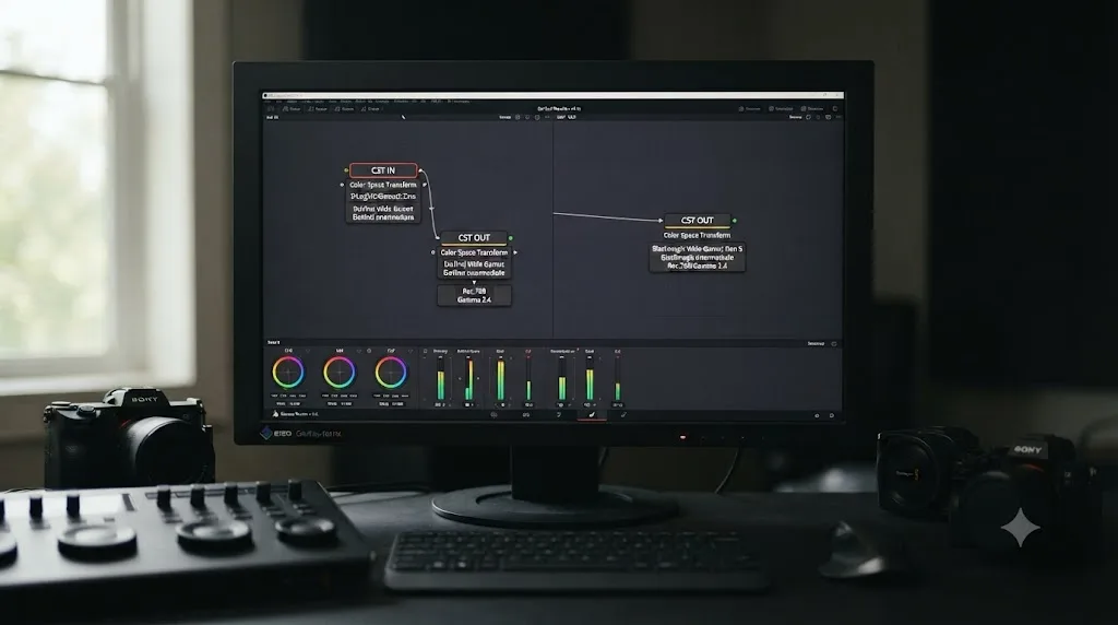 Illustration comparing a two-node Color Space Transform setup for Sony log footage against a single output Color Space Transform node for Blackmagic PYXIS footage