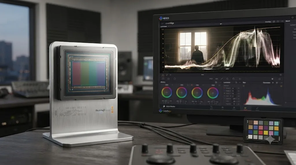 Illustration of a Blackmagic PYXIS sensor next to a DaVinci Resolve waveform monitor showing smooth highlight rolloff from Gen 5 color science
