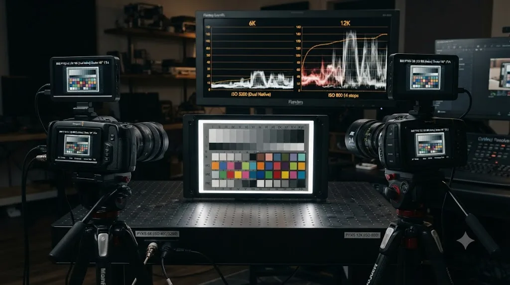 Illustration of a dynamic range chart comparing the Blackmagic PYXIS 6K's dual native ISO points against the PYXIS 12K's single native ISO