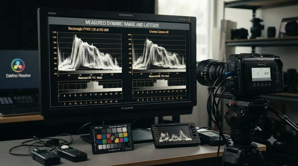 Illustration of a lab test chart showing measured dynamic range and exposure latitude for Blackmagic PYXIS and related Blackmagic camera sensors
