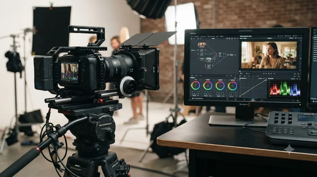 Illustration of a Blackmagic PYXIS camera rigged with an external matte box and ND filter on set