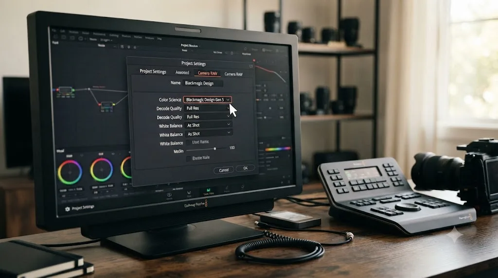 Illustration of an on-screen assistant highlighting the Camera RAW Color Science settings in DaVinci Resolve on a Mac