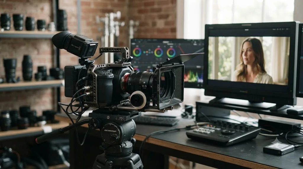 Illustration of a fully rigged Blackmagic PYXIS camera with an external EVF and matte box connected to a reference monitor