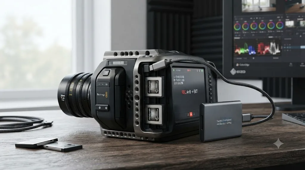 Illustration of a Blackmagic PYXIS camera with CFexpress cards and an external SSD connected for overflow recording