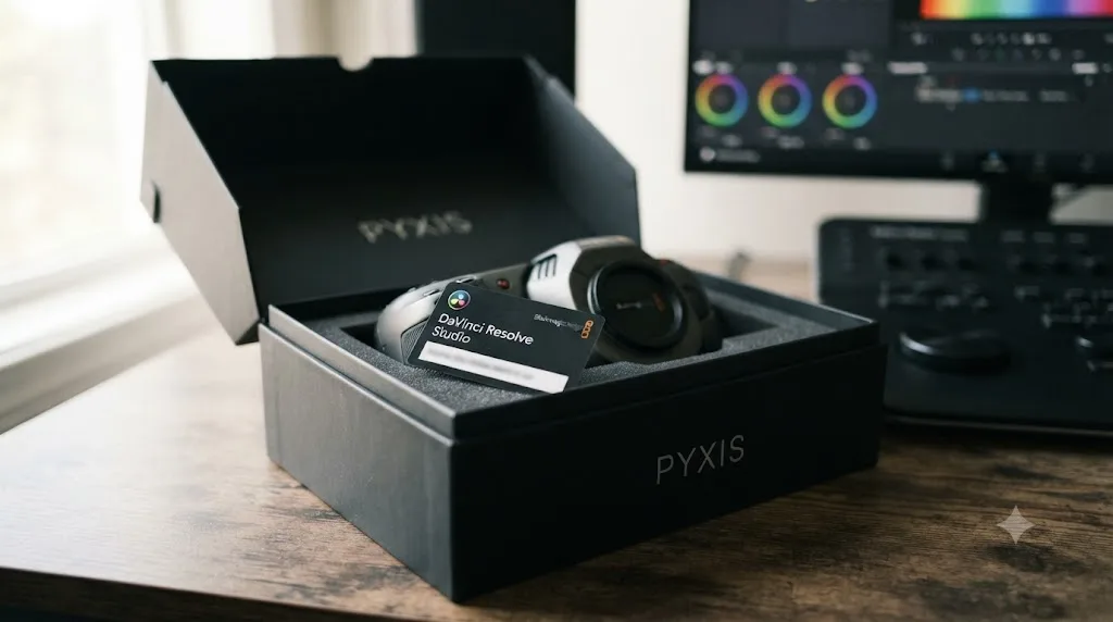 Illustration of a Blackmagic PYXIS package showing an included DaVinci Resolve Studio activation key