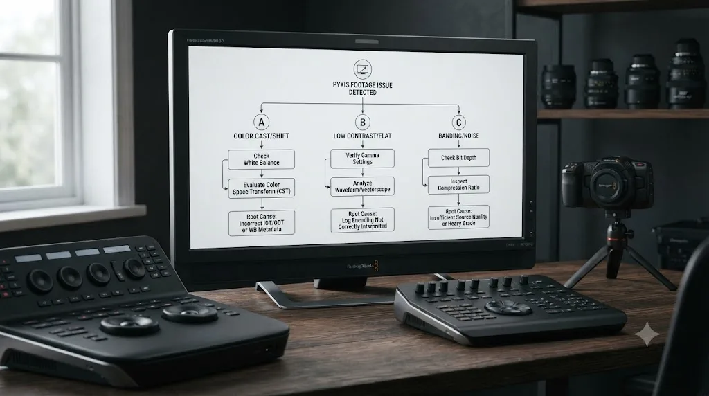 Illustration of a troubleshooting decision tree matching Blackmagic PYXIS footage symptoms in DaVinci Resolve to their causes