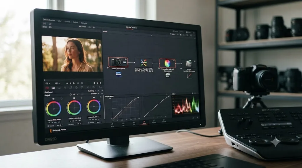 Illustration of a four-node DaVinci Resolve node graph taking Blackmagic PYXIS BRAW footage from source to finished Rec.709 grade