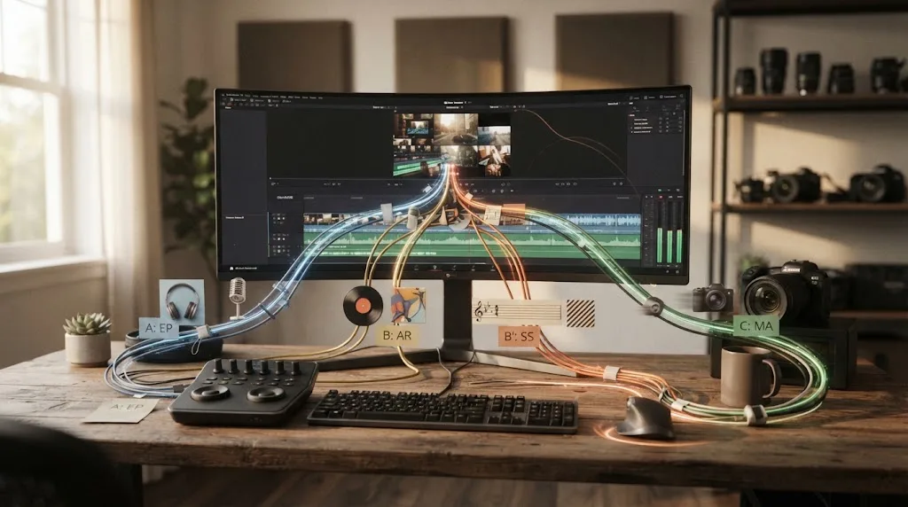 Illustration of comparing Epidemic Sound, Artlist, Soundstripe, and Motion Array for video editing
