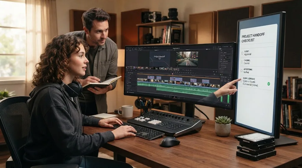 Illustration of a freelance DaVinci Resolve editor checking client and advertising music rights