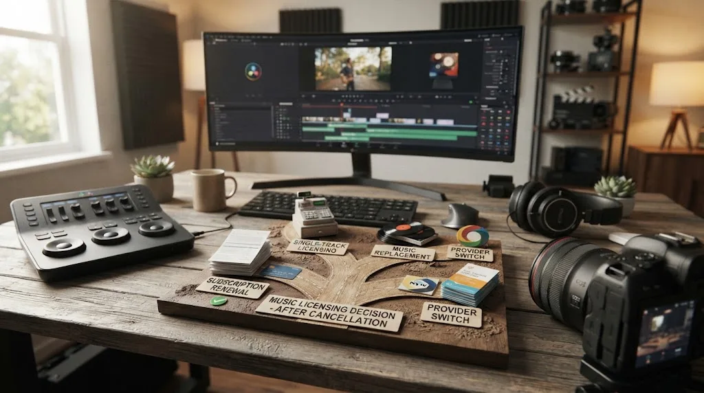 Illustration of choosing a post-cancellation music licensing path for a Resolve project
