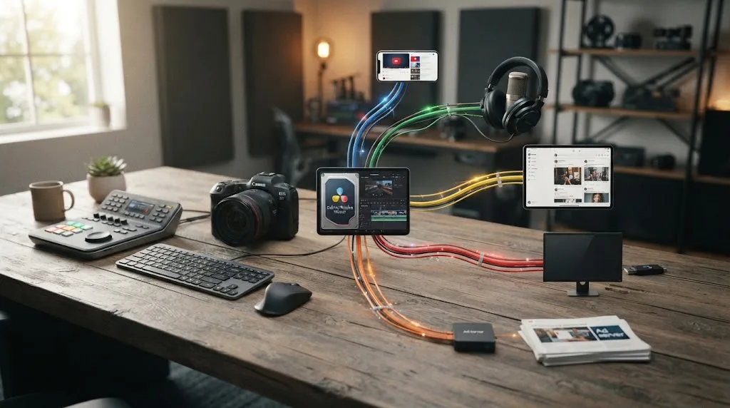 Illustration of multiple video publications branching from one DaVinci Resolve master