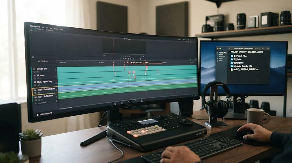 Illustration of a DaVinci Resolve 21 project prepared for a licensing-aware handoff