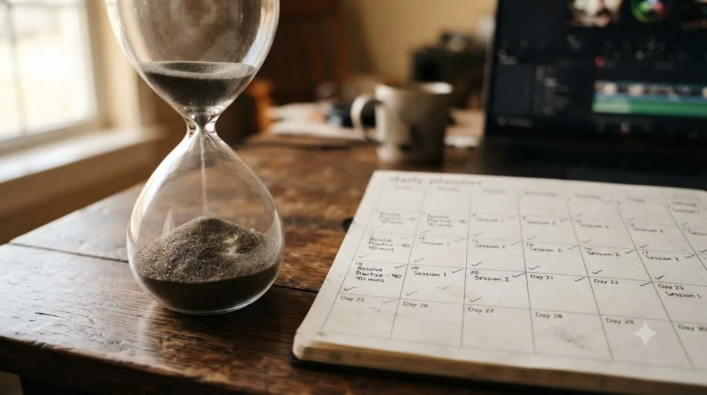 Illustration of an hourglass and calendar representing 20 hours of practice spread across 30 days