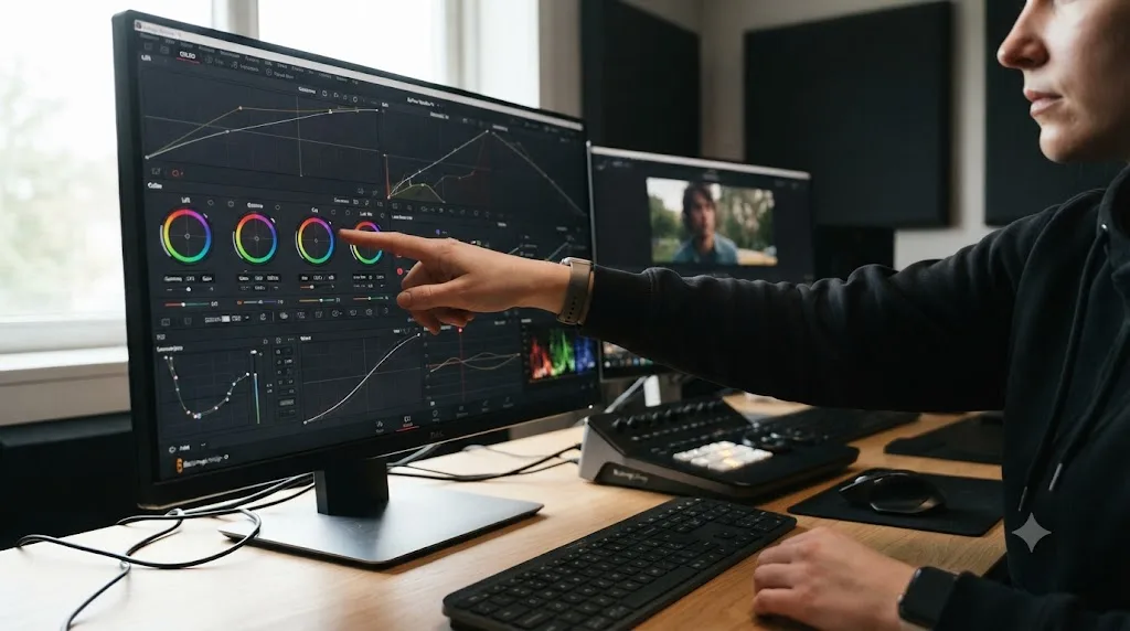 Illustration of a hand pointing at a specific control inside a DaVinci Resolve panel during a learning session