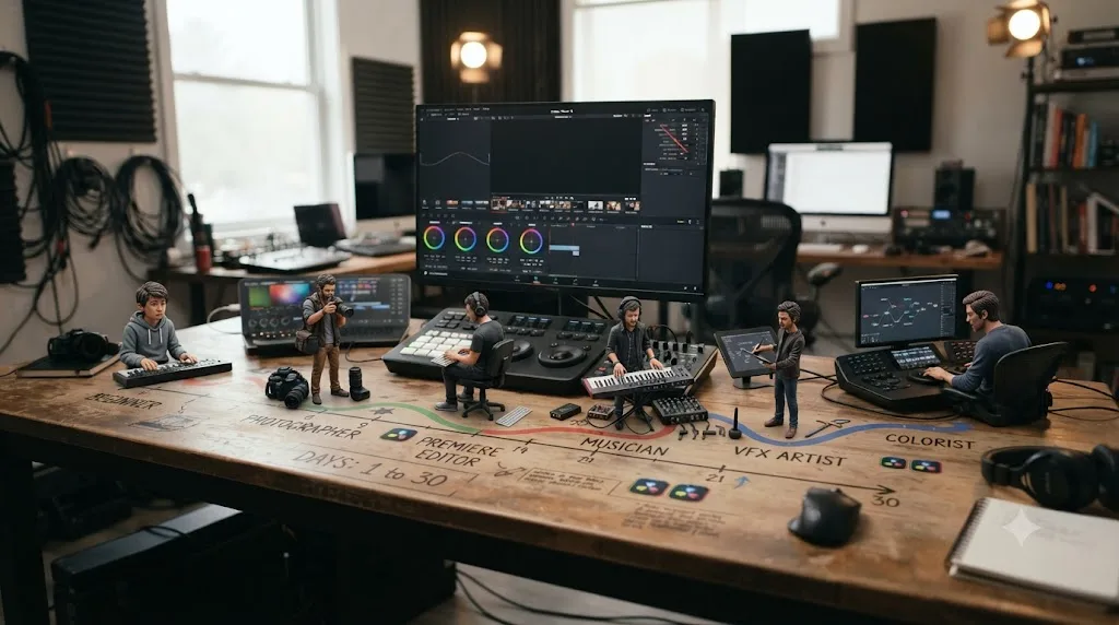 Illustration comparing how different prior backgrounds affect a 30-day DaVinci Resolve learning plan
