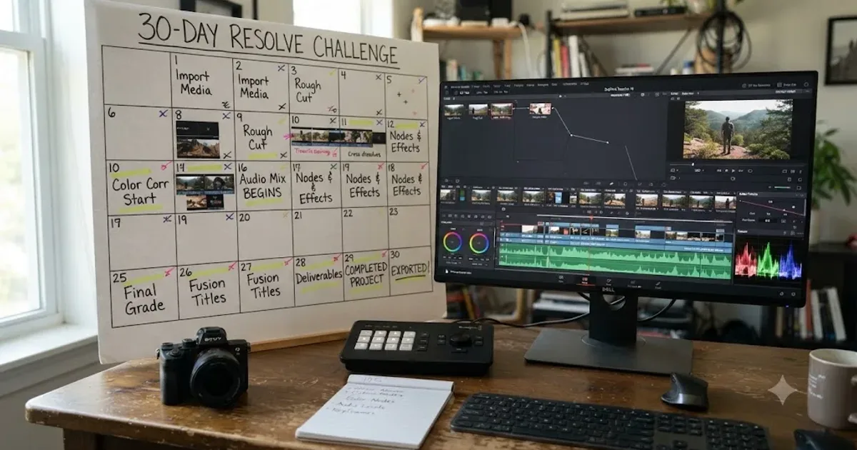 Illustration of a 30-day calendar with a DaVinci Resolve editing timeline building up day by day
