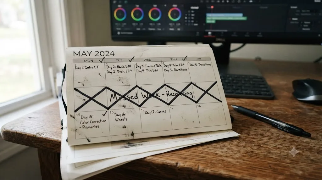 Illustration of a calendar showing a missed week followed by resumed progress at the same step in a 30-day DaVinci Resolve plan