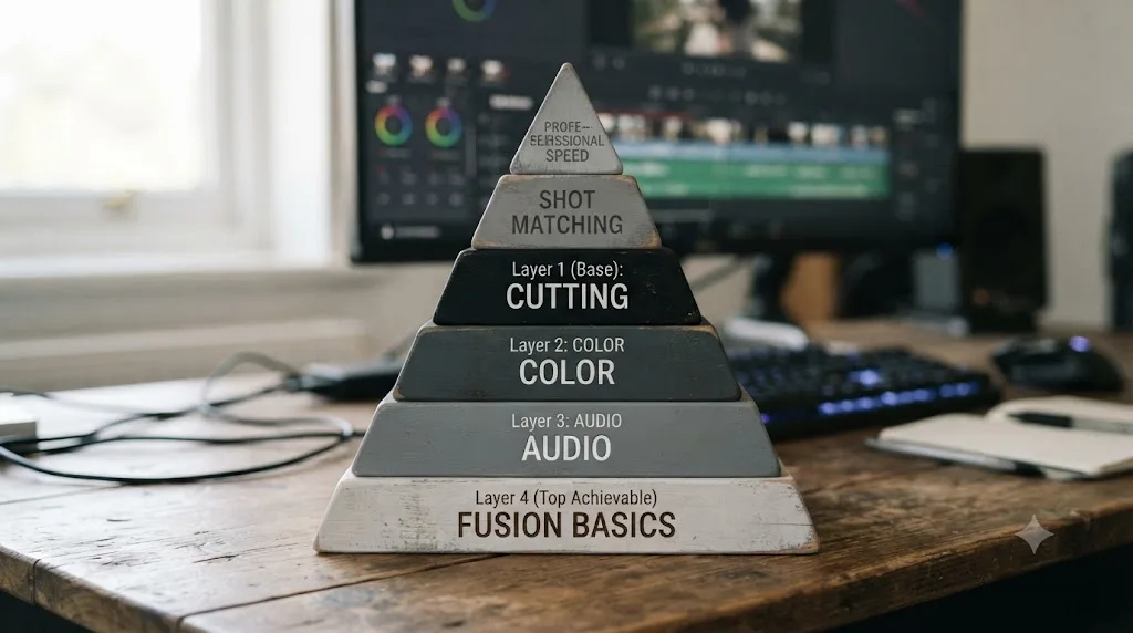 Illustration of a skill pyramid showing which DaVinci Resolve tiers are realistic within 30 days