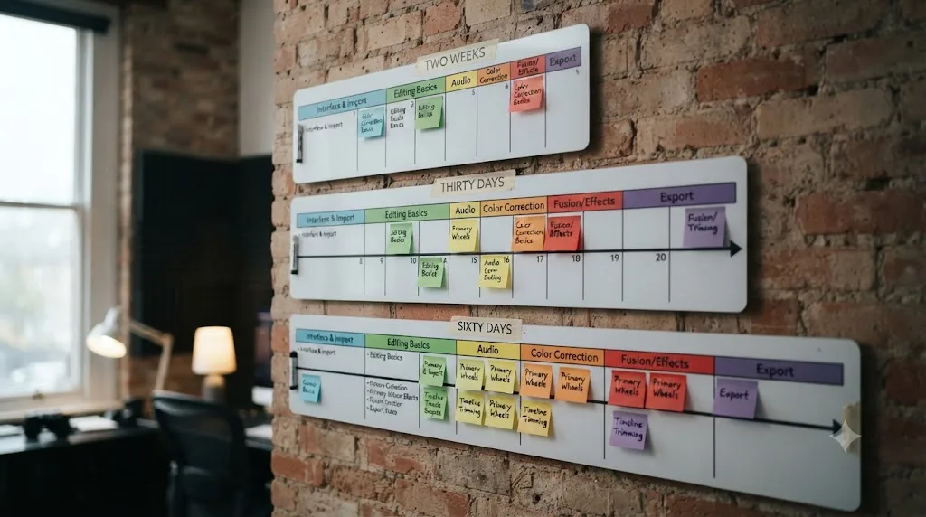Illustration comparing a two-week, thirty-day, and sixty-day version of the same DaVinci Resolve learning plan