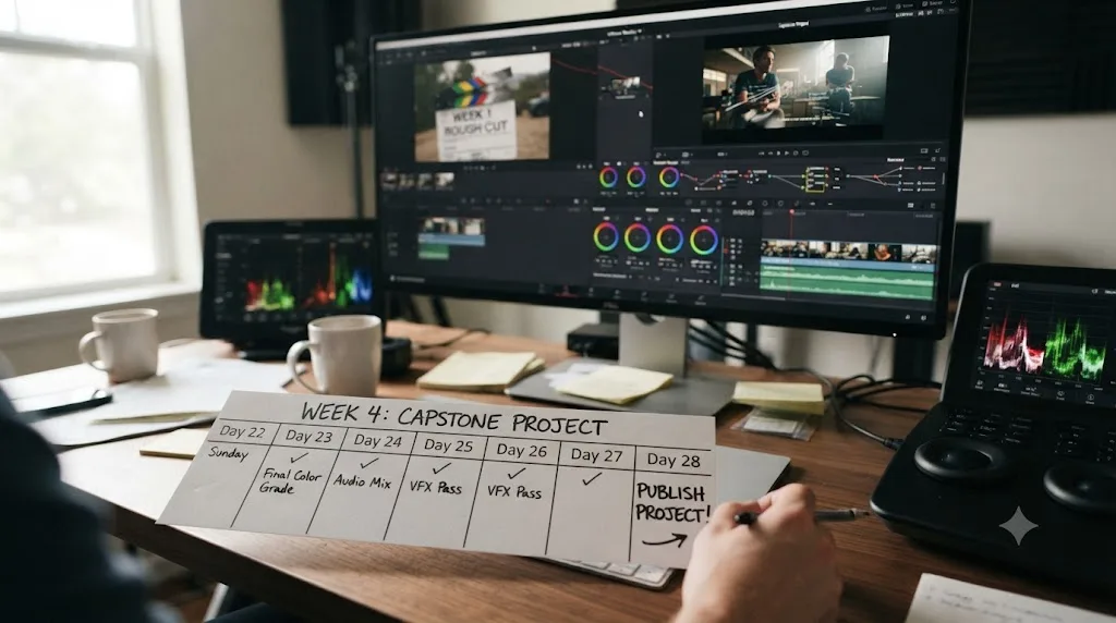 Illustration of a fourth week calendar showing a finished capstone DaVinci Resolve project being published and compared to the first week's cut