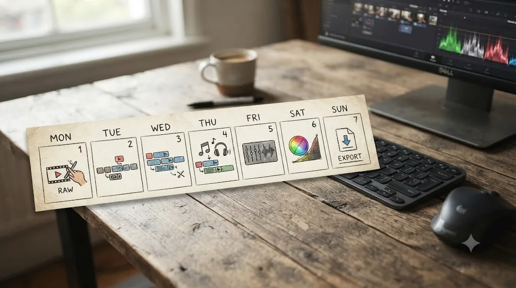 Illustration of a seven-day calendar showing the first week of a DaVinci Resolve learning plan ending in an exported video