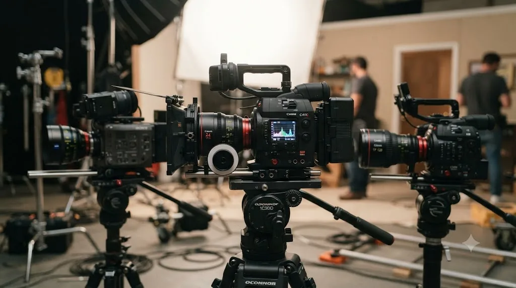 Illustration comparing a Canon EOS C400 on a professional set against a Sony VENICE and a Canon C300 Mark III representing different buyer priorities