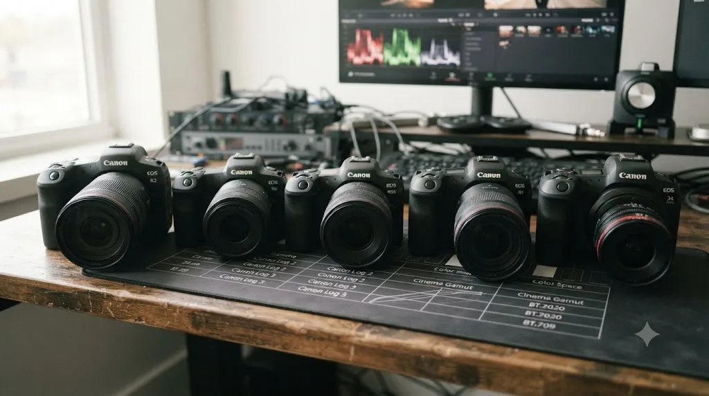 Illustration comparing Canon Log gamma and color space options across the EOS C400, R1, R5 Mark II, R6 Mark II, and R3 cameras