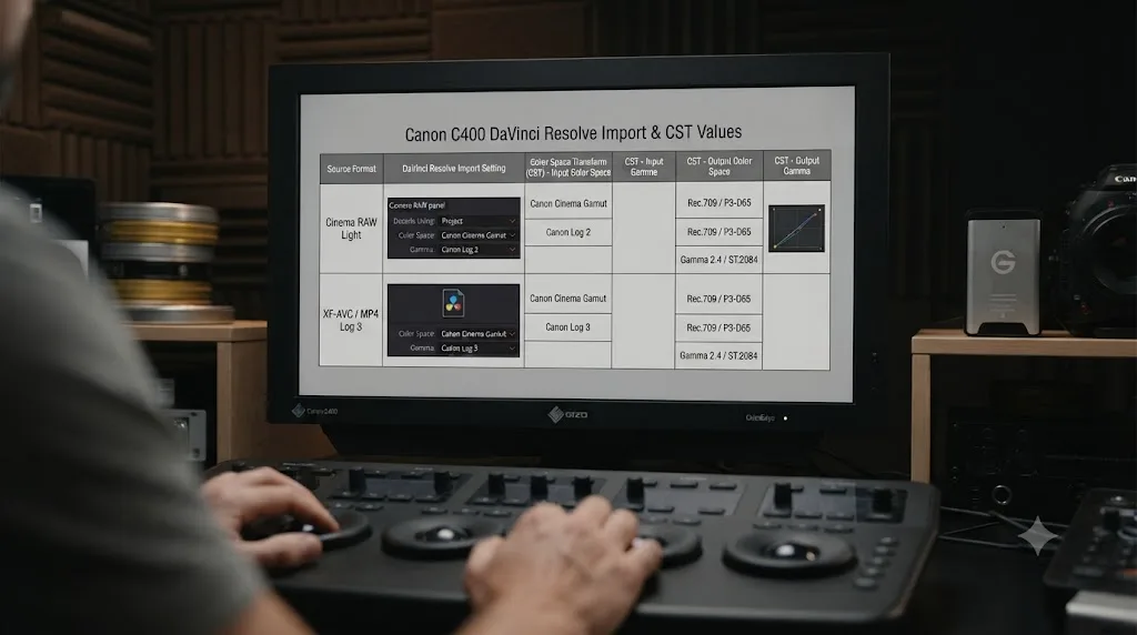 Illustration of a settings cheat sheet table for Canon C400 Log and Cinema RAW Light import and Color Space Transform values in DaVinci Resolve
