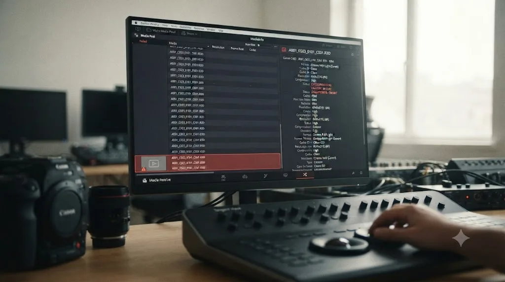 Illustration of a DaVinci Resolve media pool with a Canon C400 clip failing to import next to a codec identification panel