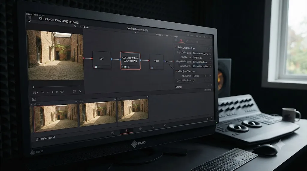 Illustration of a DaVinci Resolve Color Space Transform node converting Canon C400 Canon Log 2 footage from Cinema Gamut to DaVinci Wide Gamut