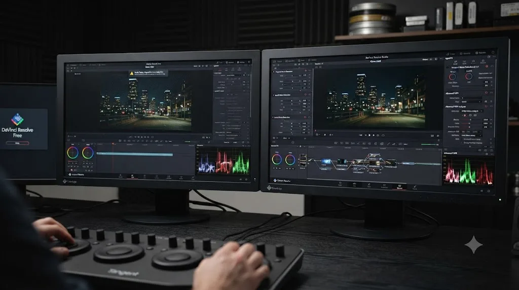 Illustration comparing DaVinci Resolve free and Studio feature sets for noise reduction, HDR delivery, and Resolve FX relevant to Canon C400 footage