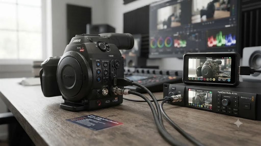 Illustration of a Canon EOS C400 camera showing HDMI and SDI output ports feeding two different external recorders