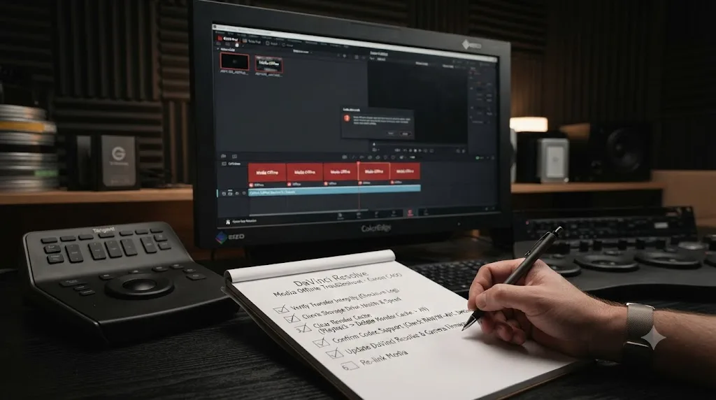 Illustration of a troubleshooting checklist for a Canon C400 clip showing Media Offline in DaVinci Resolve